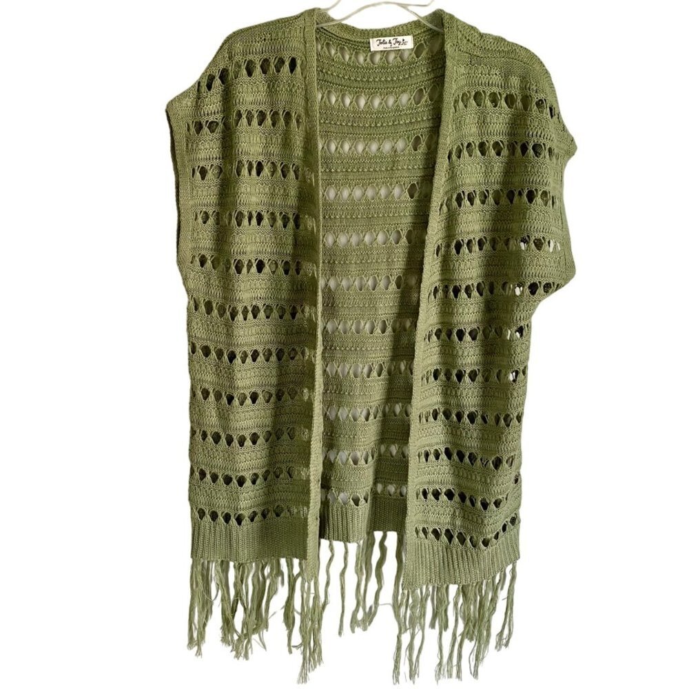 Jolie & Joy Green Open Knit Sleeveless Cardigan Tassels Junior's Size Medium NEW